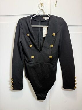 Rare London  Black Double-Breasted Bodysuit Blazer with Gold Buttons